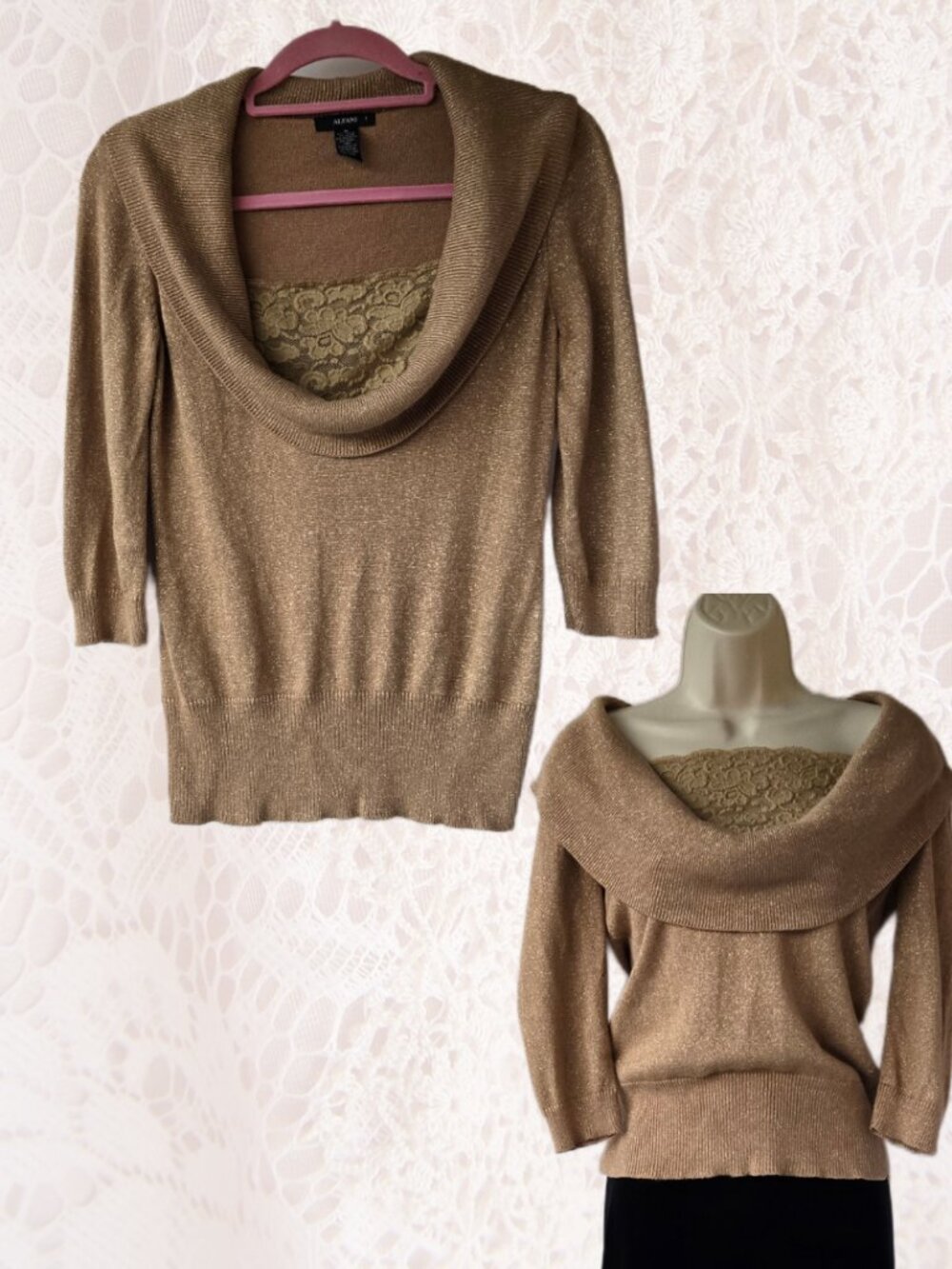 Alfani Gold Metallic Knit and Lace Cowl Neck Off-Shoulder Sweater Top Party Fall